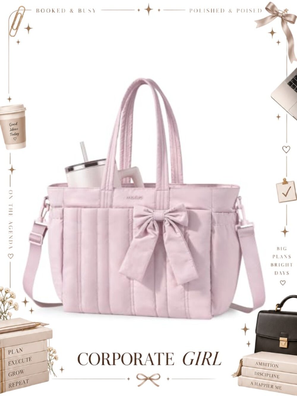 Quilted Tote Bag with Laptop Compartment & Puffy Water-Resistant Polyester
